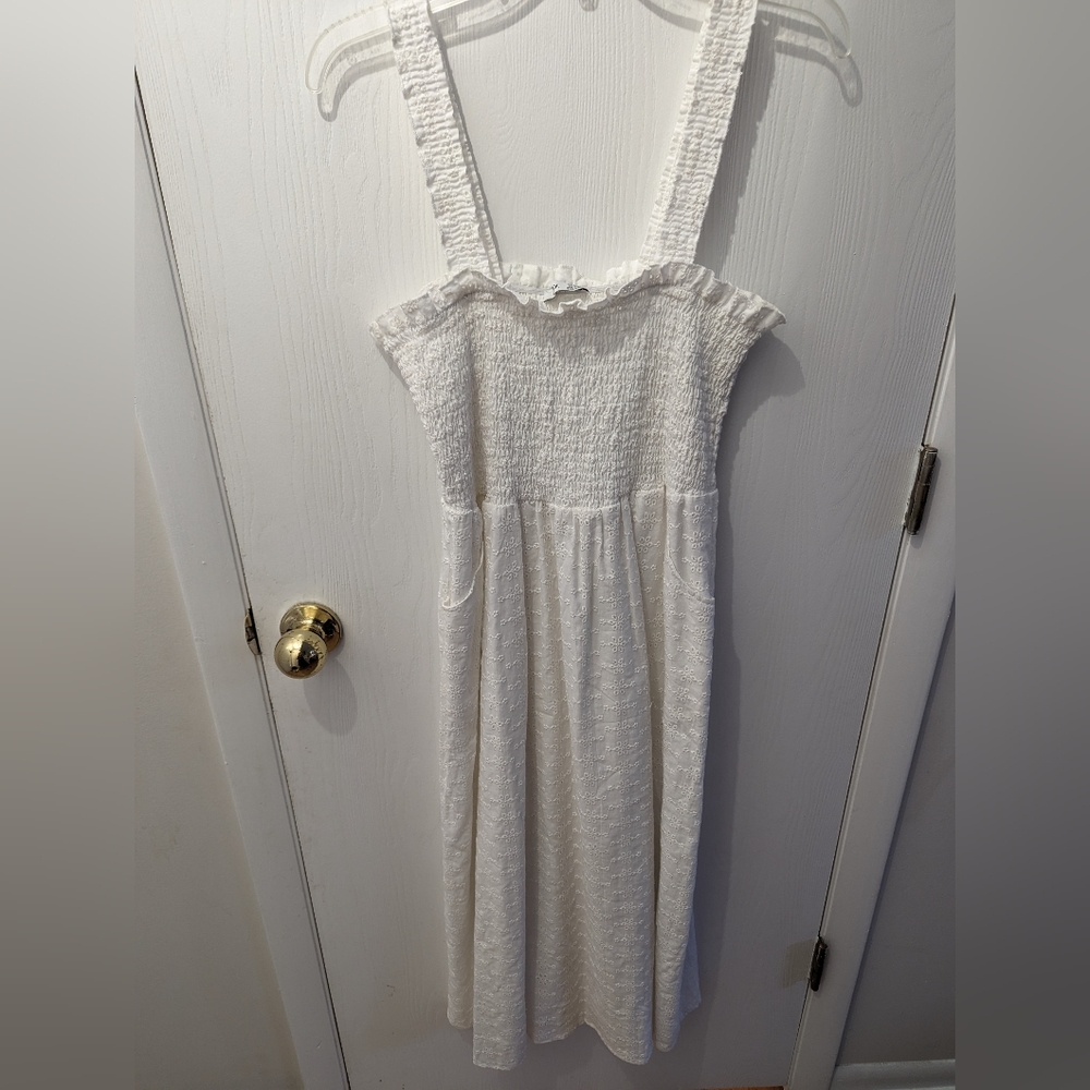 White eyelet smocked dress with pockets